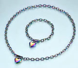 2-piece Necklace & Bracelet Heart Stainless Steel Rainbow Oil Spill Heart Set