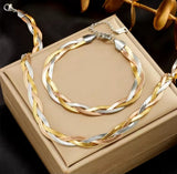 2-piece bracelet + necklace crossover braided snake chain Herringbone Tri-Color or Silver