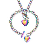 2-piece Necklace & Bracelet Heart Stainless Steel Rainbow Oil Spill Heart Set